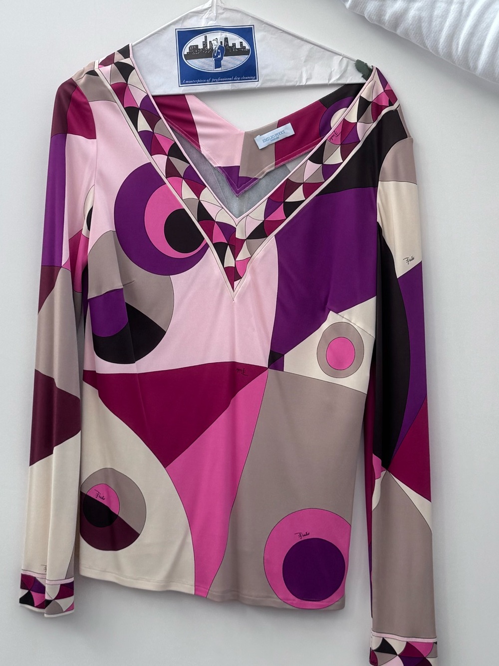 Emilio Pucci Pink Magenta Print Silk Jersey Top Deep V Mosaic Trim IT 48 US 14